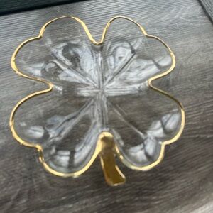 Jeanette Clear/gold vintage Glass Clover Dish with Gold Trim
